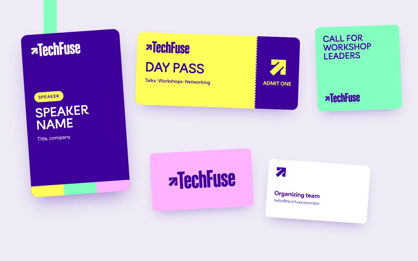 TechFuse brand identity mockups built by Claude from DESIGN.md: a purple speaker badge on a mint lanyard, a yellow day pass ticket, a mint social tile, and pink and white business cards