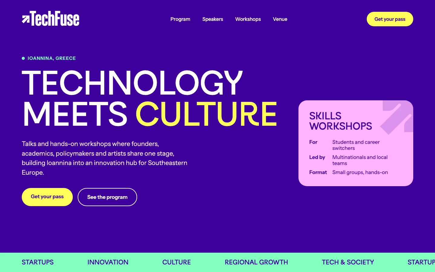 Landing page prototype for the TechFuse conference built by Claude from the brand’s DESIGN.md, in deep purple with a yellow and white headline, the TechFuse logo, and a pink workshop card