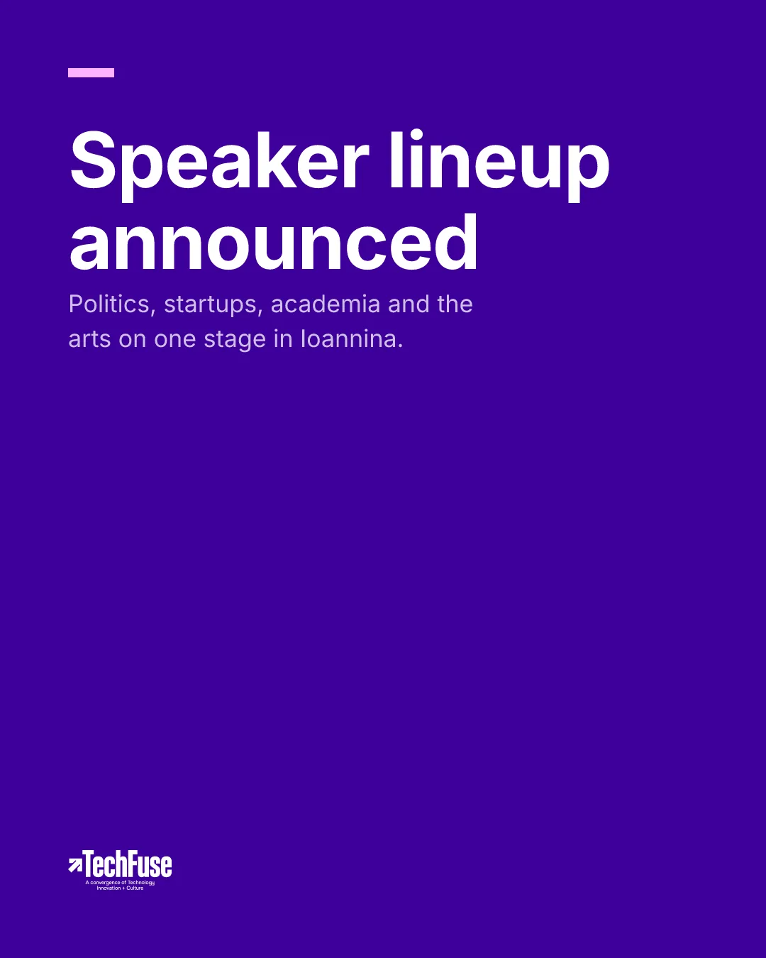 Purple Instagram portrait post for TechFuse announcing the speaker lineup, with white headline and the white TechFuse logo