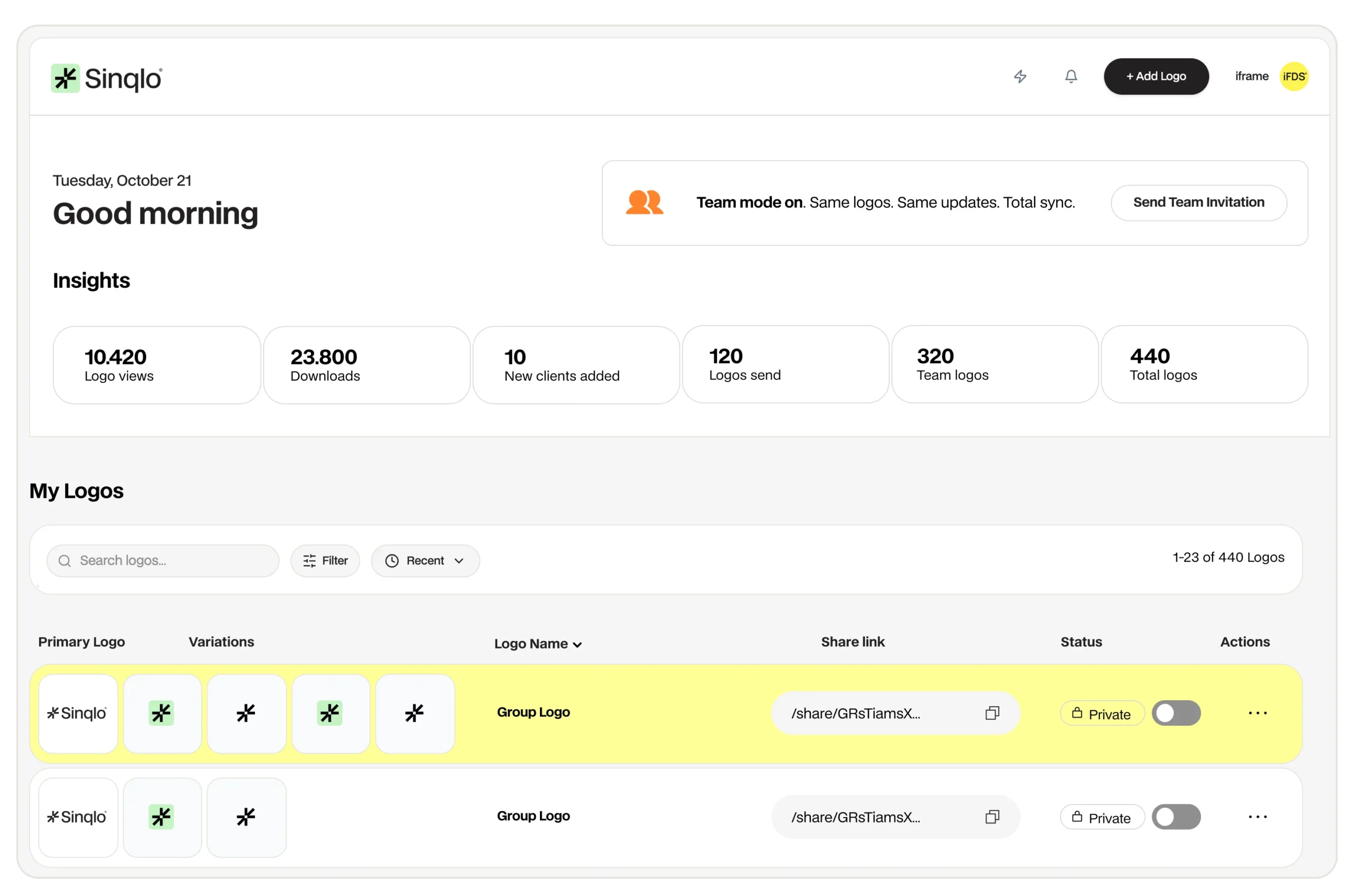 sinqlo logo management dashboard